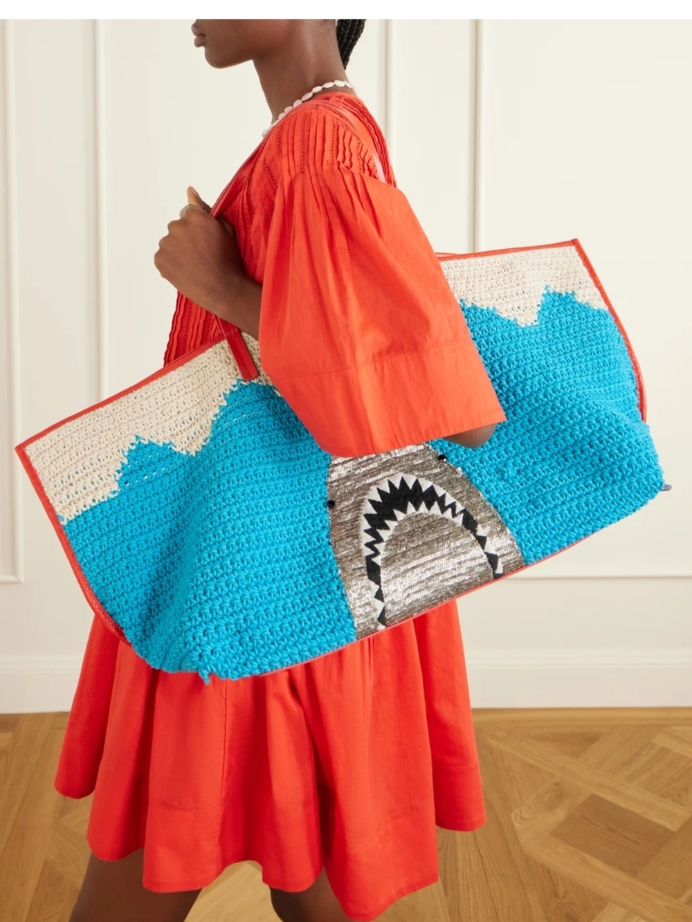 STAUD X large Bag Crochet Leather Shark Embroidered Tote Turquoise Cream Purse - Picture 9 of 12
